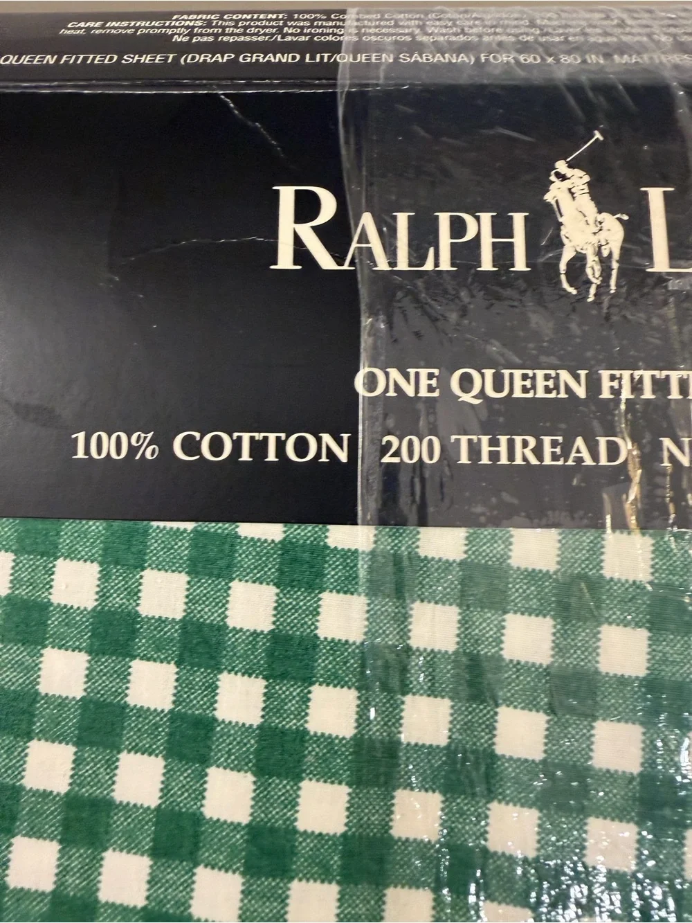 Ralph Lauren Wendy Gingham Queen Size Fitted Sheet Green Cotton NEW Open Package